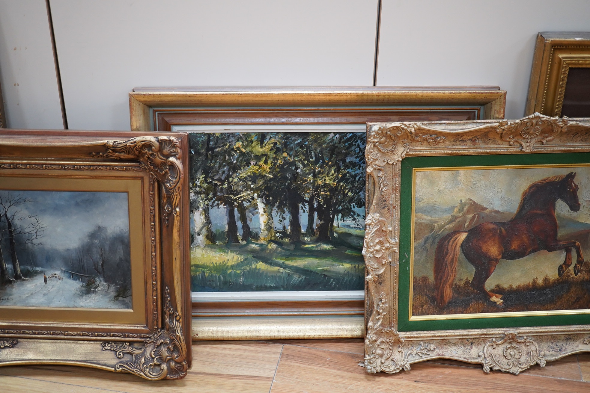 Collection of watercolours and oils to include Patricia Prentice (1923 - 2006), Rural landscapes, 19th century style oil on board, Study of a rearing horse and Jean Hardy, dry point etching, Art Nouveau lady beside birds